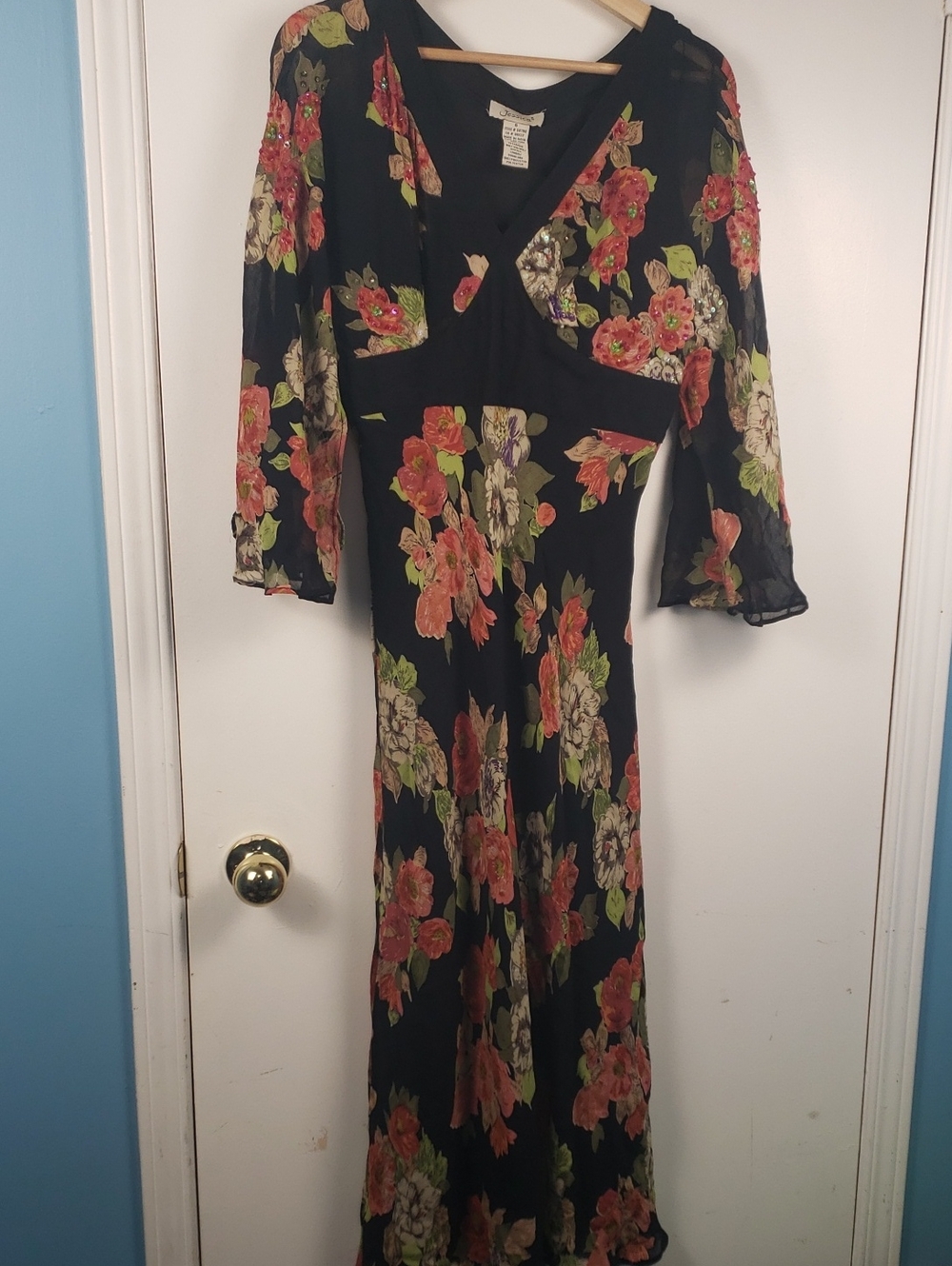 Jessica Y2K Black Floral Maxi Dress Beaded Sequin Accent Bell Sleeve Boho US 6